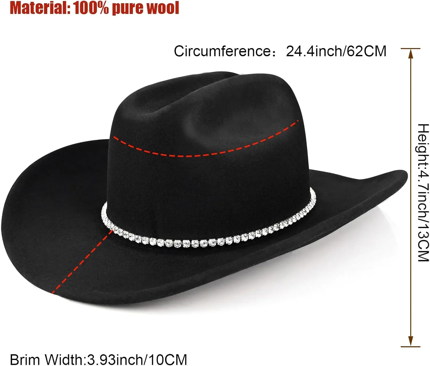 100% Wool Western Cowboy Hat for Men Women Classic Fedora Hat Felt Cowgirls Hats with Two Decorative Bands