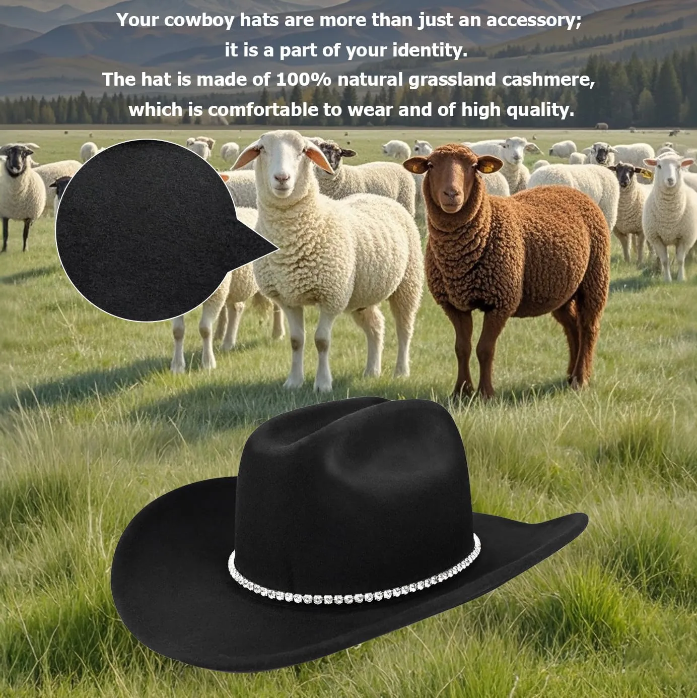 100% Wool Western Cowboy Hat for Men Women Classic Fedora Hat Felt Cowgirls Hats with Two Decorative Bands
