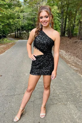 Black One Shoulder Sequins Cutout Tight Homecoming Dresses with Fringe VK23100601