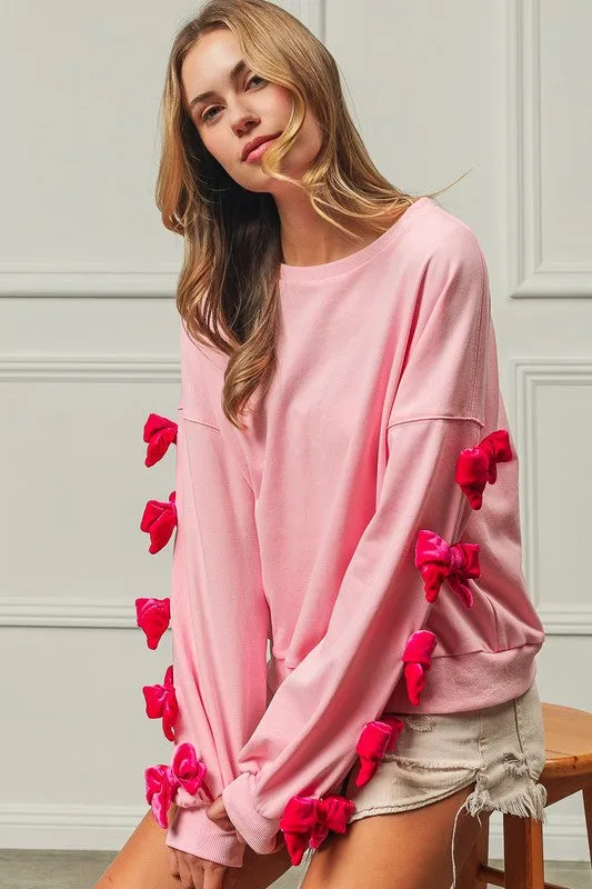 Blue Zone Planet |  BiBi Velvet Ribbon Bows Long Sleeve Round Neck Sweatshirt