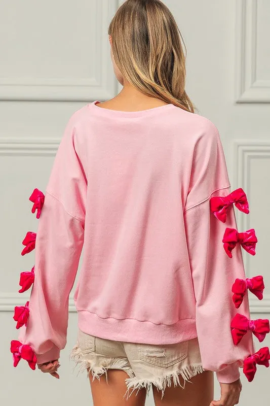 Blue Zone Planet |  BiBi Velvet Ribbon Bows Long Sleeve Round Neck Sweatshirt