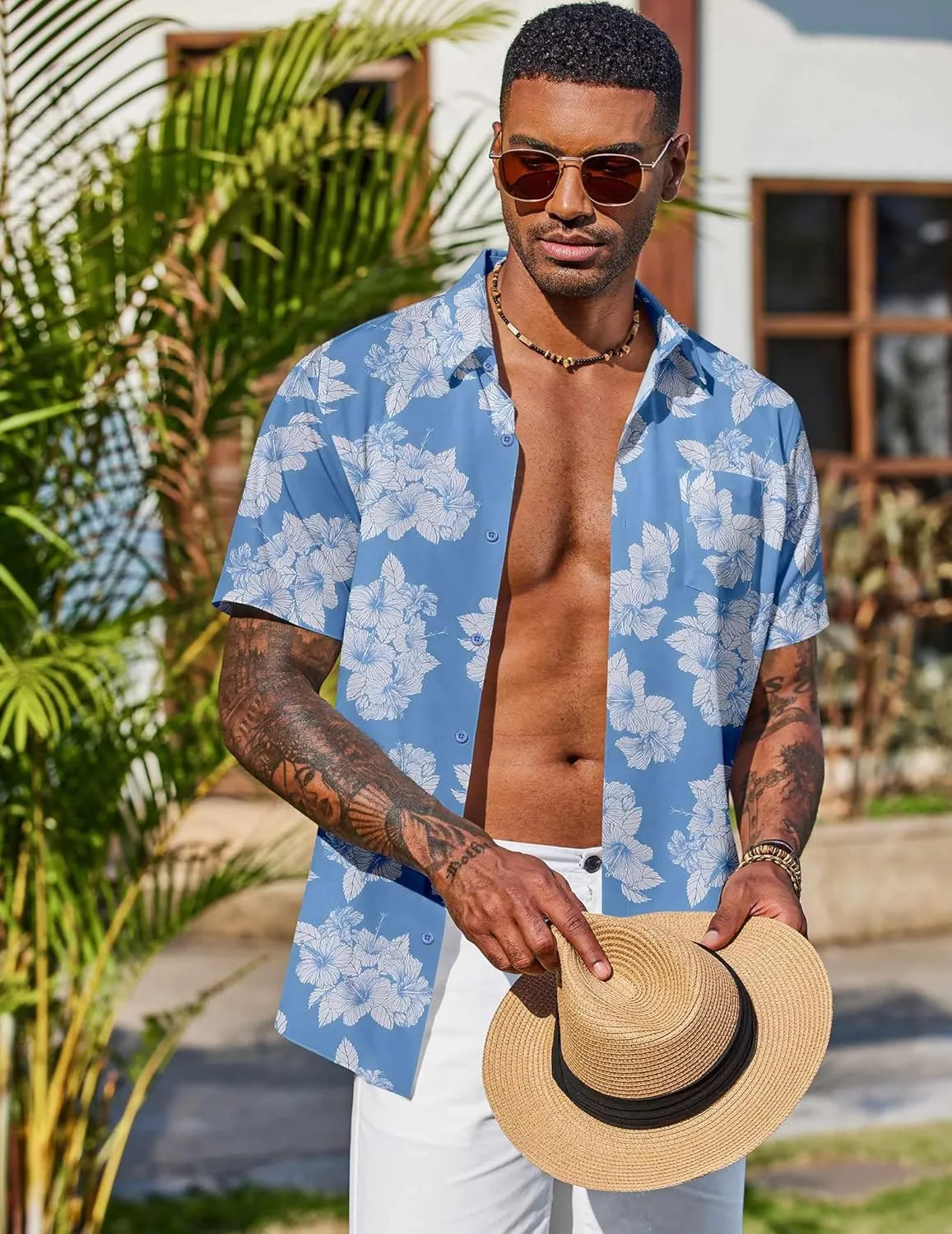 COOFANDY Men's Hawaiian Shirt Short Sleeve Floral Button Down Shirts Tropical Vacation Beach Shirts with Pocket