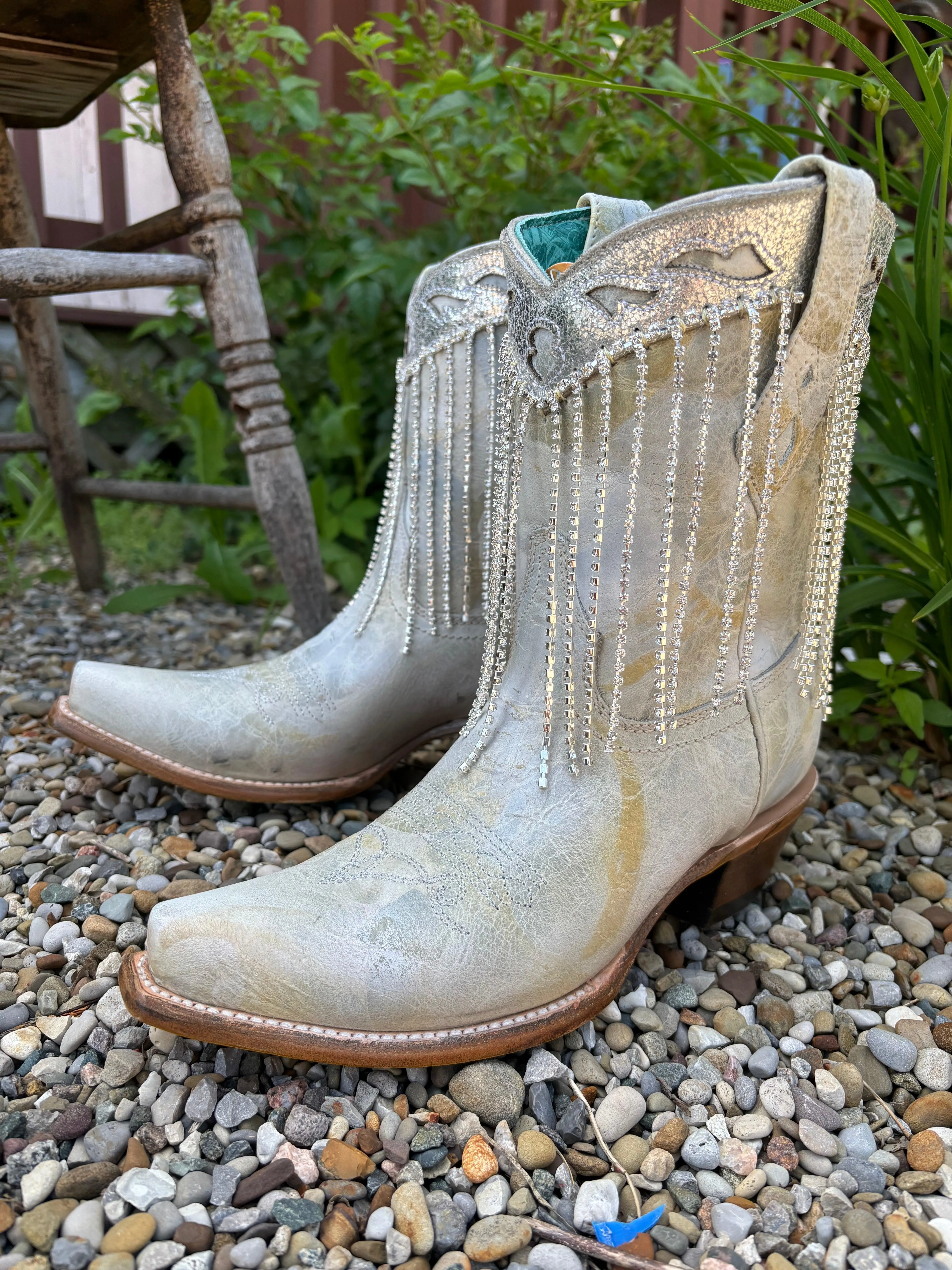 Corral Women's White & Silver Overlay Crystal Fringe Snip Toe Ankle Cowgirl Boots Z5250