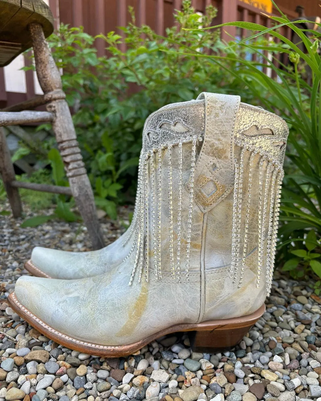 Corral Women's White & Silver Overlay Crystal Fringe Snip Toe Ankle Cowgirl Boots Z5250