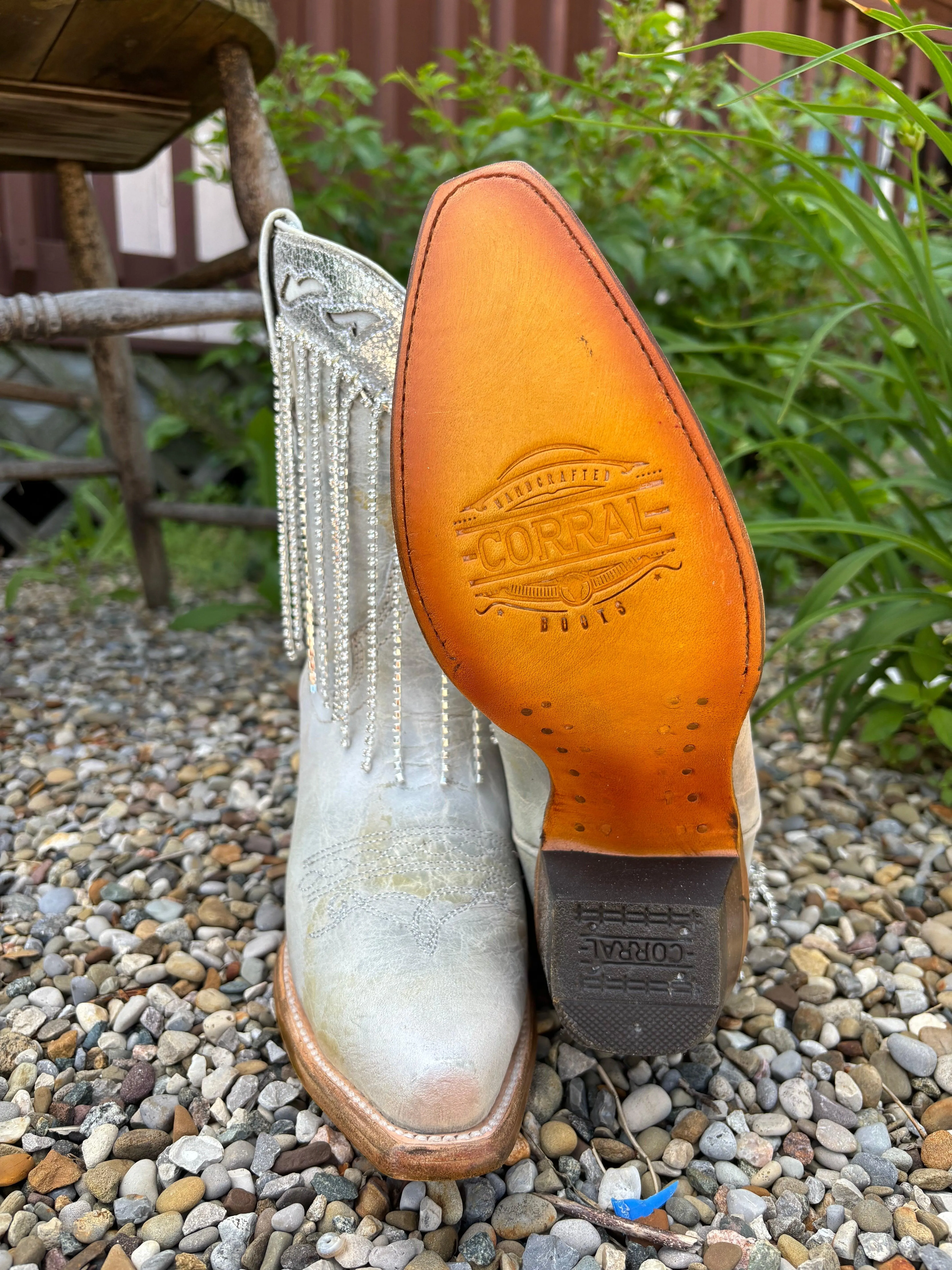 Corral Women's White & Silver Overlay Crystal Fringe Snip Toe Ankle Cowgirl Boots Z5250