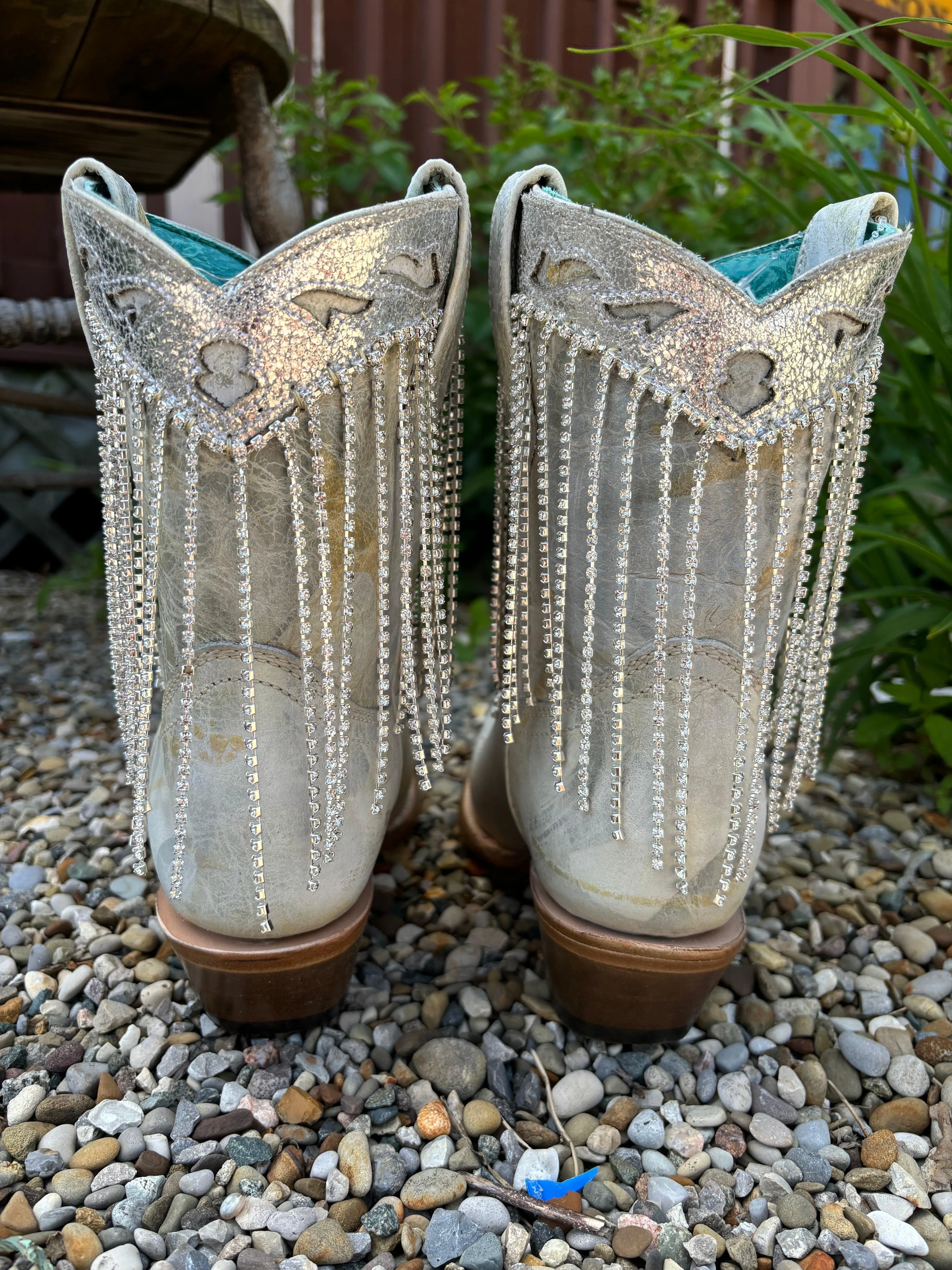 Corral Women's White & Silver Overlay Crystal Fringe Snip Toe Ankle Cowgirl Boots Z5250
