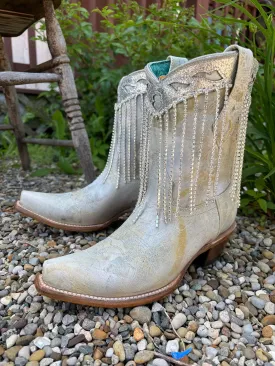 Corral Women's White & Silver Overlay Crystal Fringe Snip Toe Ankle Cowgirl Boots Z5250