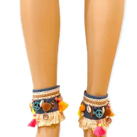 Denim White Fringe Anklets Boot Wraps