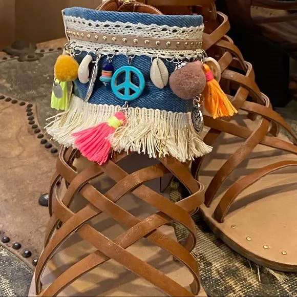 Denim White Fringe Anklets Boot Wraps