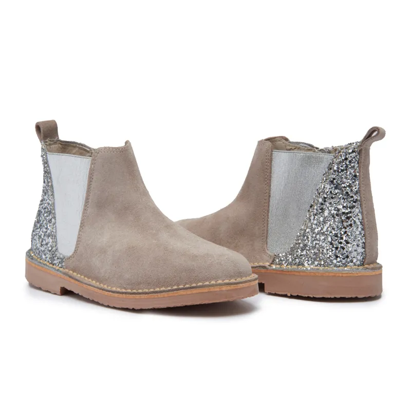 Glitter and Suede Chelsea Boots in Taupe by childrenchic
