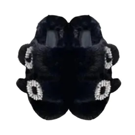 Luxe Mink Slide Sandals with Crystal Buckle - Black