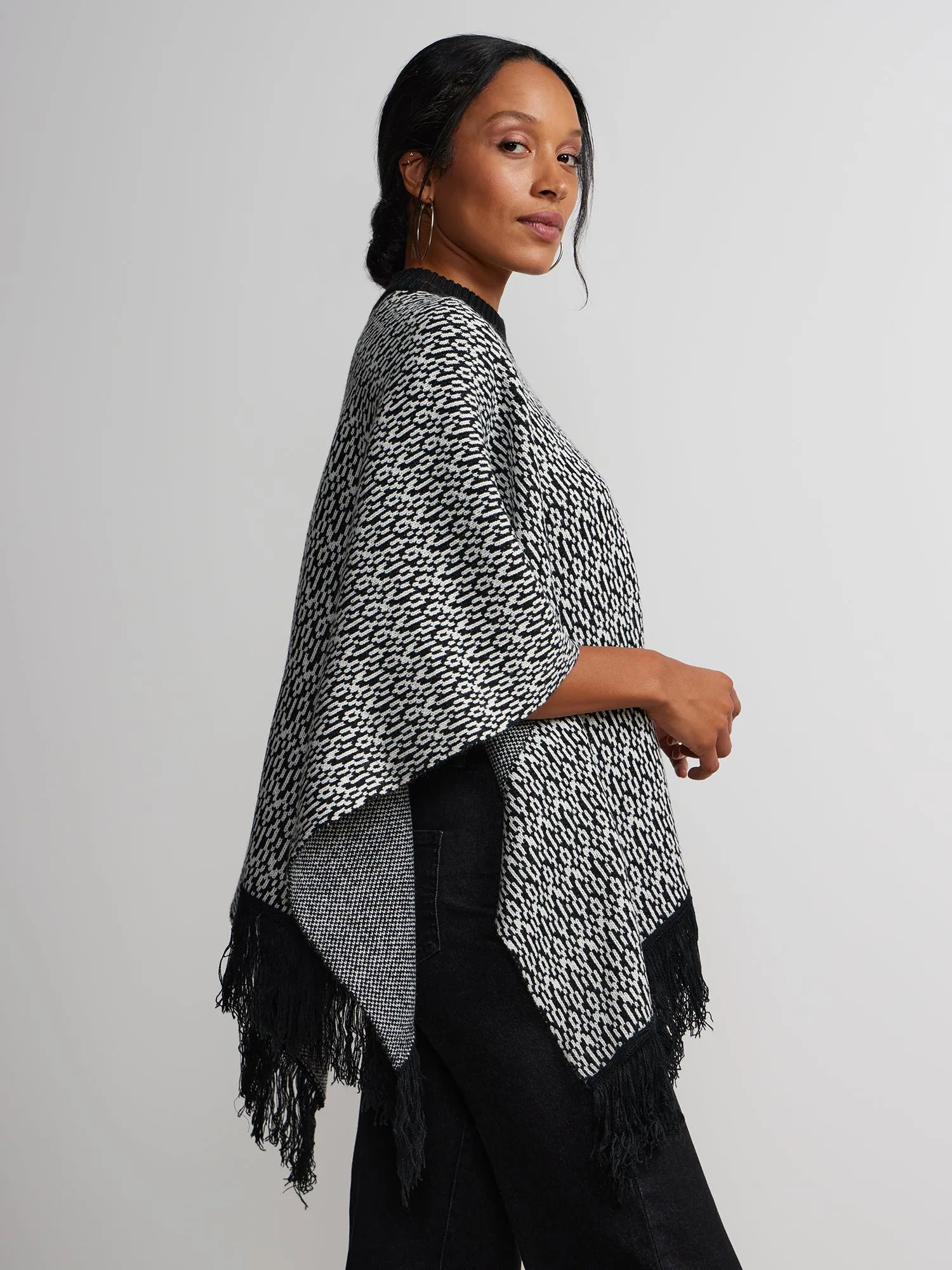 Mock Neck Fringe Detail Poncho