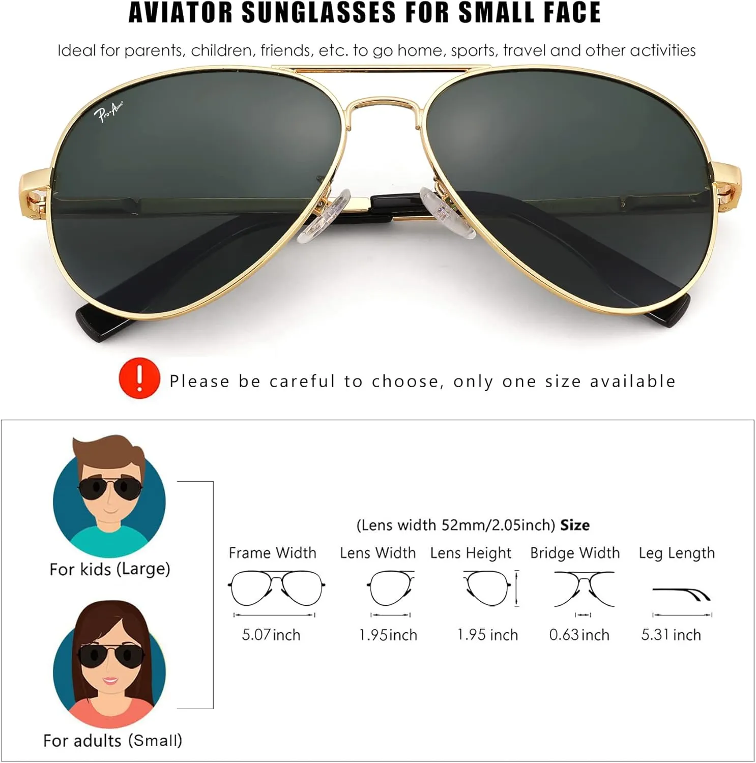 Pro Acme Kids Aviator Sunglasses for Boys Girls, Polarized Small Face for Youth Juniors Age 3-18, with Two Sizes 50MM 52MM