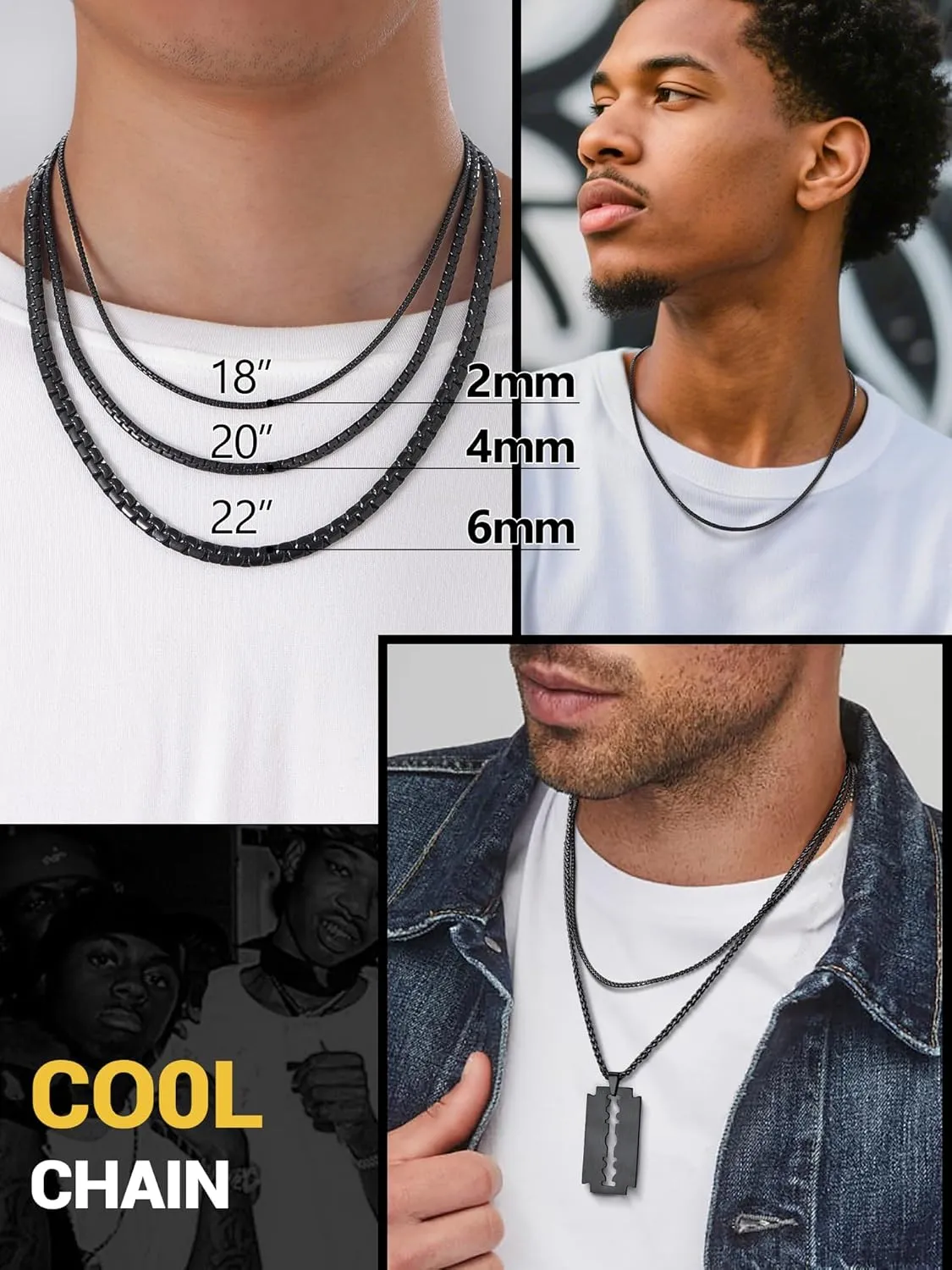 PROSTEEL Stylish Stainless Steel Round Link Chain Necklace for Men, 2mm/4mm/6mm. Silver/Gold/Black Tone, Hypoallergenic Jewelry, 14"-30", Come with Box