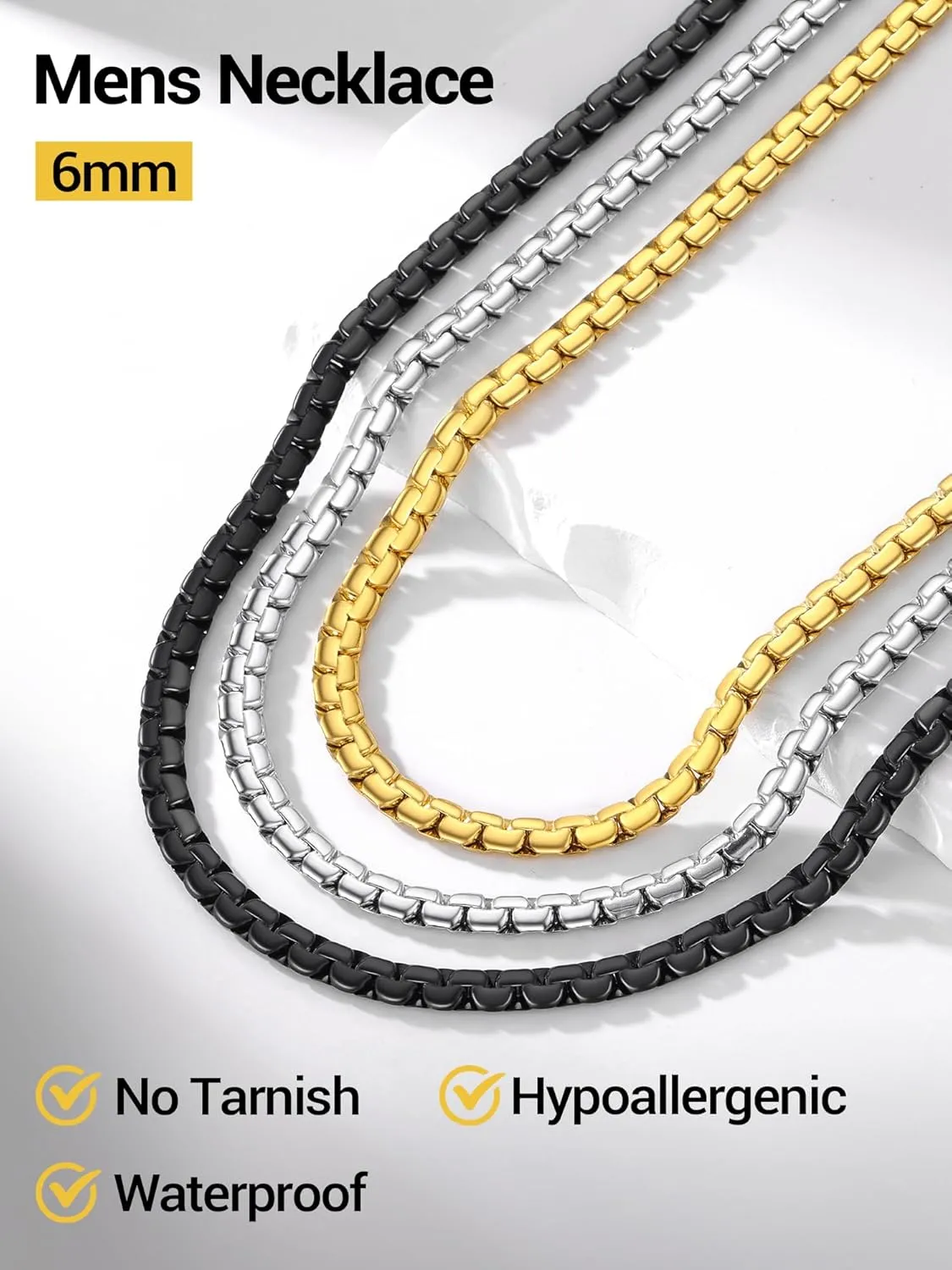 PROSTEEL Stylish Stainless Steel Round Link Chain Necklace for Men, 2mm/4mm/6mm. Silver/Gold/Black Tone, Hypoallergenic Jewelry, 14"-30", Come with Box