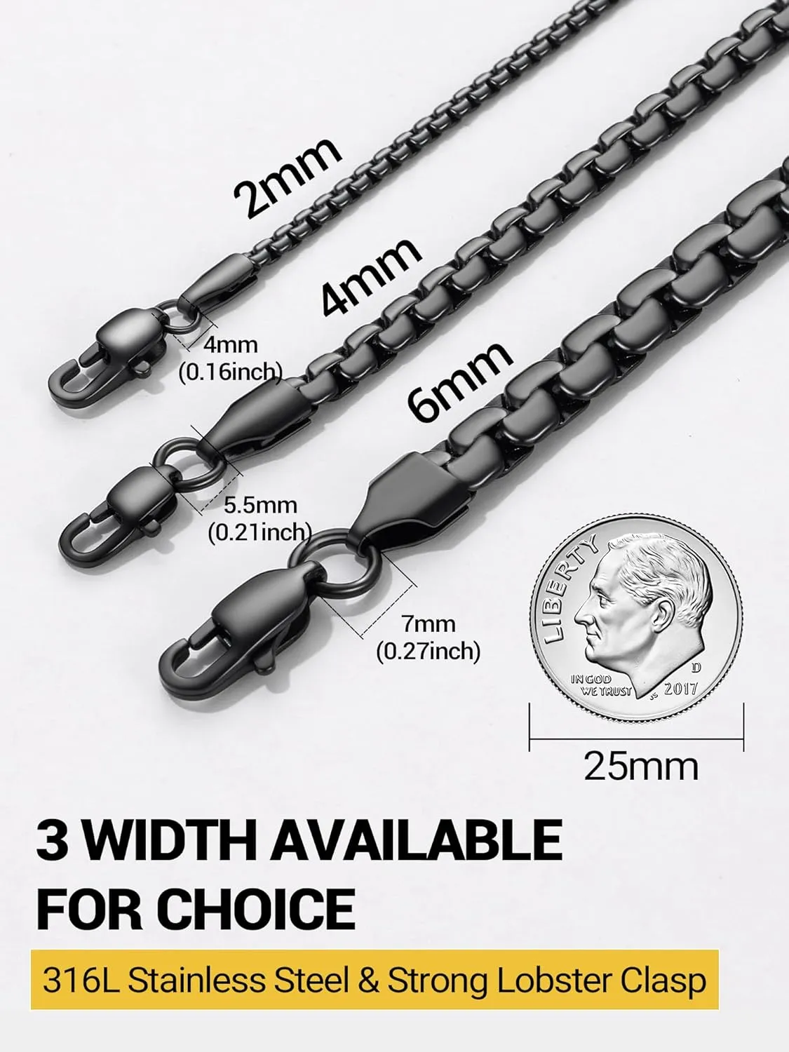 PROSTEEL Stylish Stainless Steel Round Link Chain Necklace for Men, 2mm/4mm/6mm. Silver/Gold/Black Tone, Hypoallergenic Jewelry, 14"-30", Come with Box