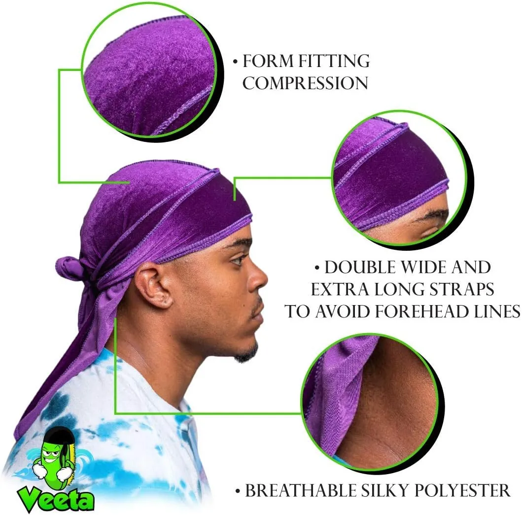 Veeta Superior Velvet Durag - Soft Velvet Durags for Men & Women, Long Double Wide Straps, Silky Durag Liner, Triple Stitched